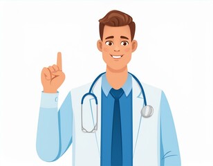 Fototapeta premium Doctor, medicine, healthcare concept. Young smiling man doctor therapist in white uniform cartoon character standing and showing having idea with finger. Medicare, therapist, pharmacist illustration