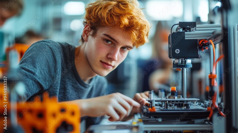 Poster a young man is working on a machine in a workshop
