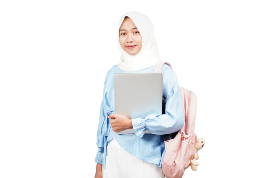 Smiling asian hijab female student bring laptop isolated transparent