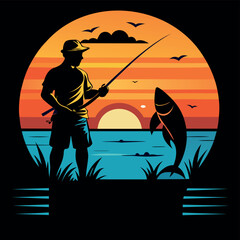 Retro sunset black silhouette fisherman vector Illustration for Summer T-shirts Design