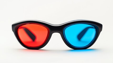Red and blue 3D glasses, a nostalgic staple of immersive cinematic experiences, are captured in isolation against a pure white backdrop. These glasses, with their distinctive colored lenses