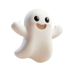 Adorable 3D cartoon ghost character smiling and waving, perfect for Halloween, cute spooky design, isolated on white background.