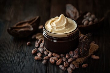 Body butter jar surrounded by cocoa beans on dark wooden surface