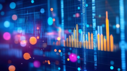 Insight into stock market expansion, business investments, and data analytics, illustrated with digital charts, graphs, and indicators on a blurred dark blue background
