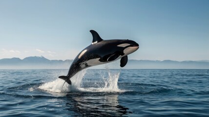 Fototapeta premium Orca whale leaping from ocean, water splashing, transparent background