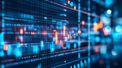 Fototapeta premium Insight into stock market expansion, business investments, and data analytics, illustrated with digital charts, graphs, and indicators on a blurred dark blue background