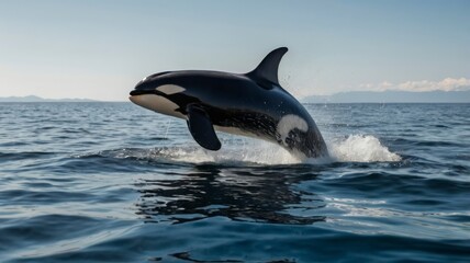 Fototapeta premium Orca whale leaping from ocean, water splashing, transparent background