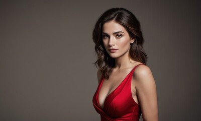Fototapeta premium Model luxury woman in red dress posing on grey background. Generative AI