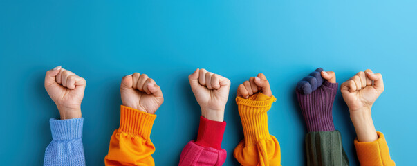 Fototapeta premium Six hands of different people wearing colorful sweaters raise their fists in solidarity, symbolizing unity and empowerment.