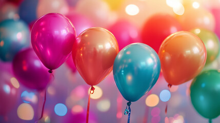 Jasne tło z kolorowymi motywami urodzinowymi, w tym balonami, gwiazdkami i konfetti.