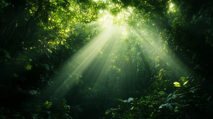 Mroczny, tropikalny las deszczowy z słonecznymi promieniami wnikającymi przez gęste korony drzew tworzy niesamowity efekt świetlny.