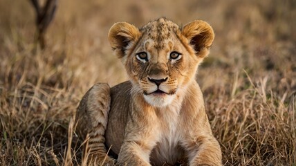 Naklejka premium Pair of lion cubs in African savannah