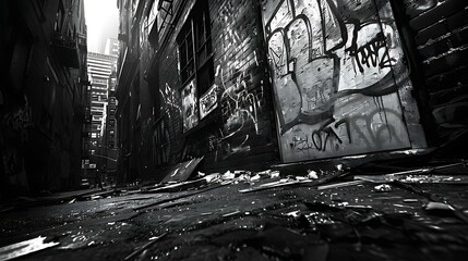 Fototapeta premium A high-contrast black and white grunge composition showing a deserted urban alleyway with graffiti-covered walls, broken windows, and scattered debris, evoking a sense of decay and abandonment.