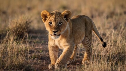 Pair of lion cubs in African savannah
