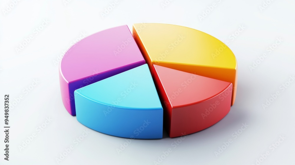 Fototapete A 3D pie chart with colorful segments, floating above a white background, representing data distribution in a visually striking way.