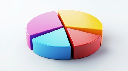 Obraz premium A 3D pie chart with colorful segments, floating above a white background, representing data distribution in a visually striking way.