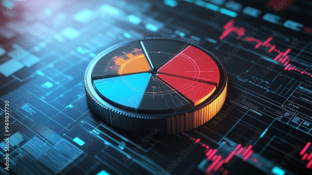 Leinwandbilder A 3D pie chart with metallic textures, each segment labeled with percentages, set on a high-tech digital interface background, emphasizing precision and accuracy.