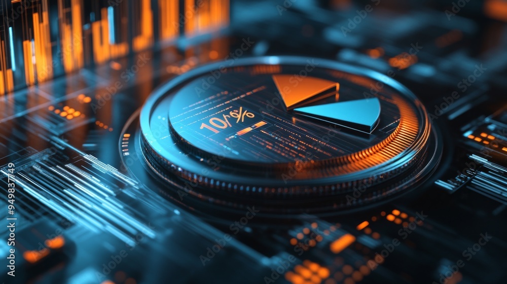 Aufkleber A 3D pie chart with metallic textures, each segment labeled with percentages, set on a high-tech digital interface background, emphasizing precision and accuracy.