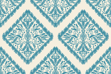 Carpet ikat floral pattern,fabric pattern on navy blue background vector illustration.Ikat ethnic oriental embroidery.Aztec style,abstract background.design for texture,clothing,decoration,carpet,rug.