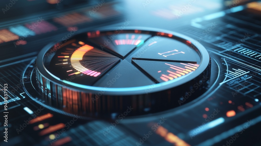 Fototapete A 3D pie chart with metallic textures, each segment labeled with percentages, set on a high-tech digital interface background, emphasizing precision and accuracy.