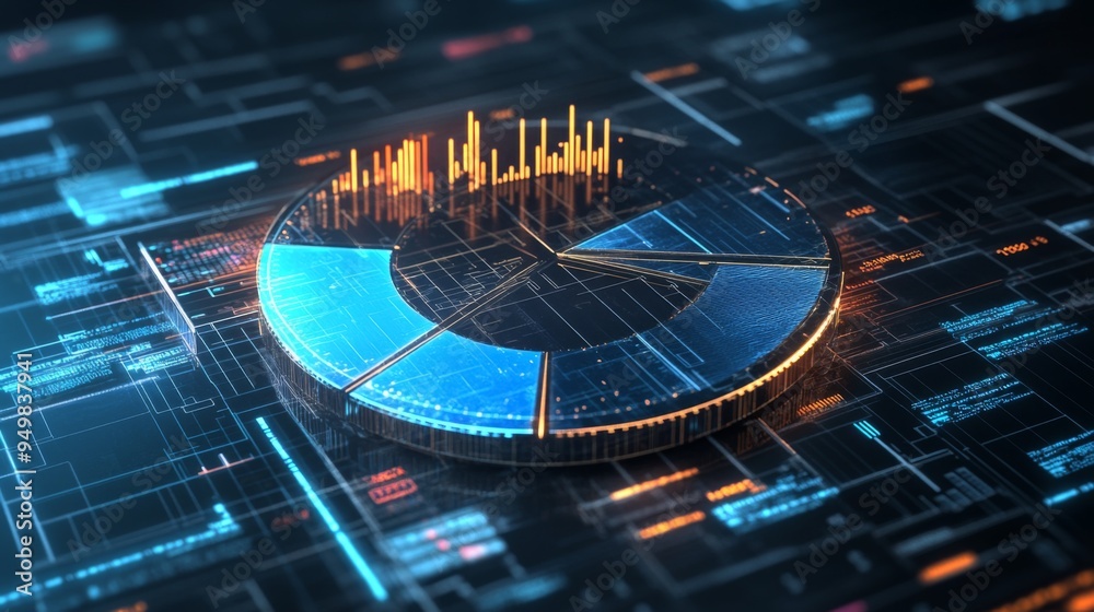 Aufkleber A 3D pie chart with metallic textures, each segment labeled with percentages, set on a high-tech digital interface background, emphasizing precision and accuracy.