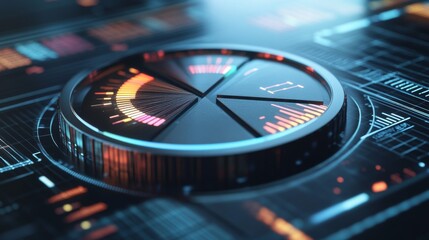 Obraz premium A 3D pie chart with metallic textures, each segment labeled with percentages, set on a high-tech digital interface background, emphasizing precision and accuracy.