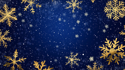 Zimowe tło z złotymi i granatowymi płatkami śniegu oferuje subtelne połączenie elegancji i chłodnej estetyki. 
