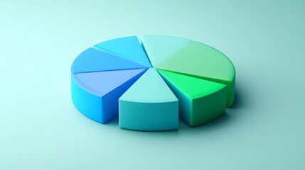 Obraz premium A 3D pie chart with segments in various shades of blue and green, rotating slightly, symbolizing dynamic data visualization in a digital marketing presentation.
