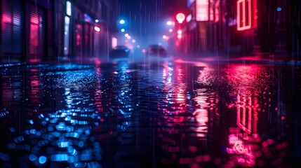 Naklejka premium Neon Lit Cityscape at Night with Wet Pavement Reflections and Shadowy Alleyways Moody Urban Landscape Background