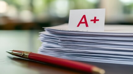 An exam paper alongside a pen placed on a desk, representing grading and assessment in an academic setting