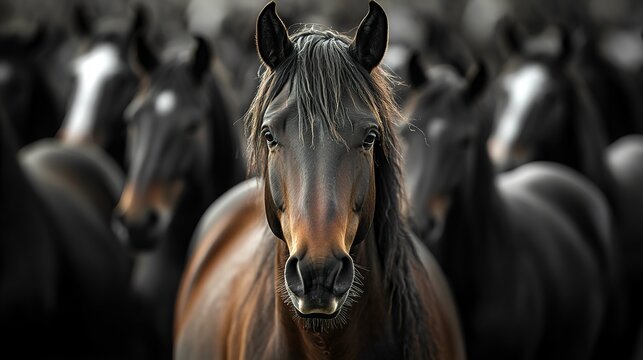 A beautiful brown wild horse staring at the camera standing among thousands of elegant shiny horses