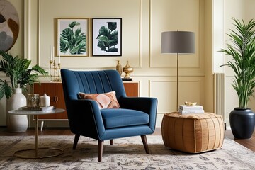 Fototapeta premium Modern Armchair Design in Chic Living Room Featuring Elegant Decor and Soft Cream Walls