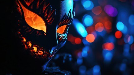 A captivating close-up of an ornate mask illuminated with vibrant colors, creating an air of mystery and allure against a backdrop of soft, glittering lights