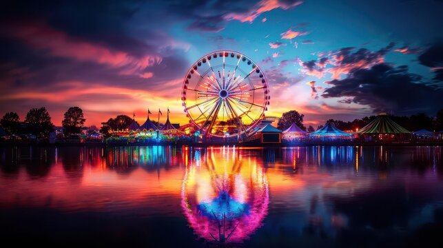 Ferris wheel at dusk with colorful lights, nostalgic and fun, Amusement, Warm tones, Photograph, Fairground charm