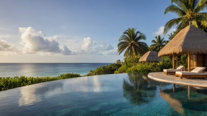 Fototapeta premium Palm-fringed infinity pool and thatched cabana in tropical paradise