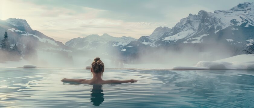 A woman relaxes in a mountain hot spring, with snowy peaks and misty air setting a stunning, serene backdrop.