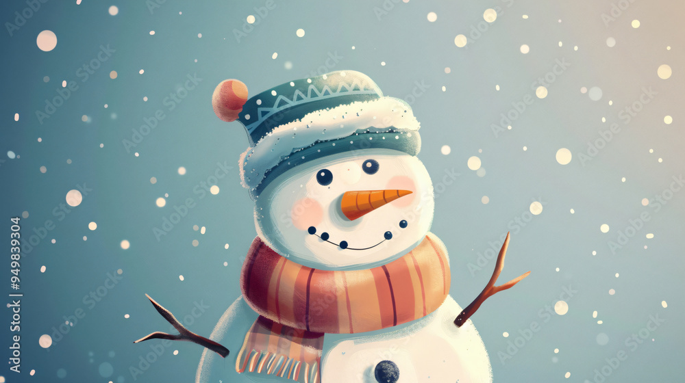 Poster cheerful snowman is enjoying the falling snow, bringing a touch of magic and joy to the winter seaso