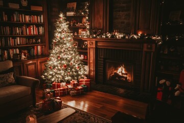 In the living room, there is an ambient fireplace and a Christmas tree