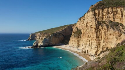 Panoramic coastal cliffs with blue ocean