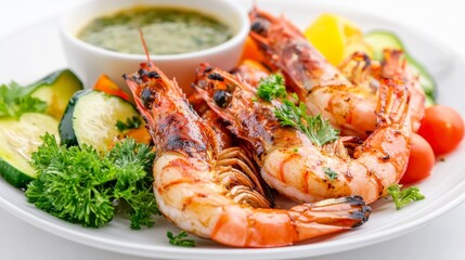 A beautifully arranged plate of grilled prawns with a golden-brown crust, served with grilled vegetables and a fresh dipping sauce, on a white backdrop.