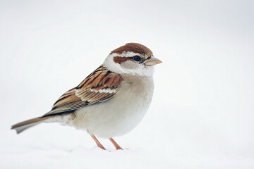 small sparrow stands in snow with its brown and white feathers fluffed out against the cold stark background