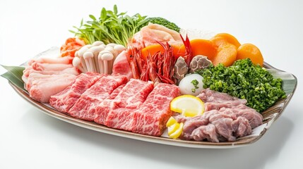 Fototapeta premium A beautifully arranged platter of shabu ingredients, including meat, seafood, and vegetables, on a white background, ready for cooking.