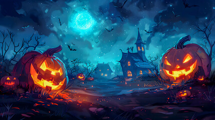 Naklejka premium Halloween pumpkin village at night, Jack o lanterns