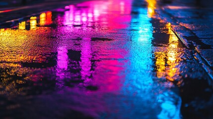 Multi-colored neon lights on a dark city street, reflection of neon light in puddles and water. Abstract night background, blurred bokeh light. Night view colorful