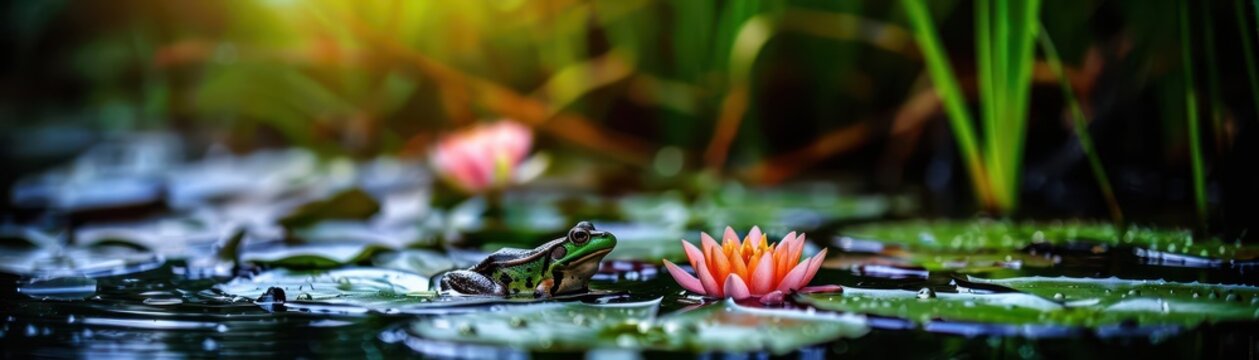 Frog pond with croaking frogs and lily pads, natural and serene, Nature, Green hues, Photograph, Pond ecosystem