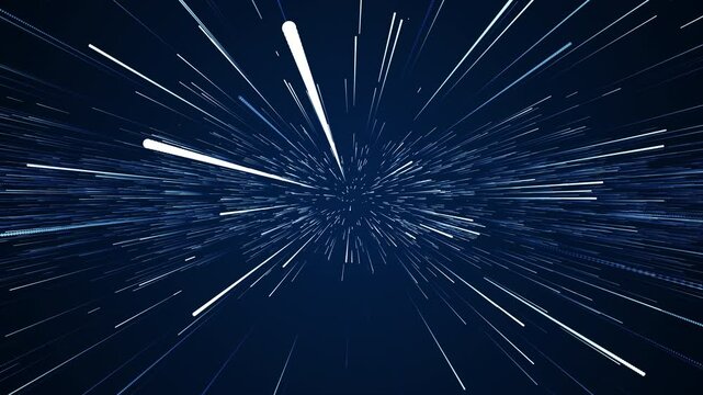 Flying through infinite space of parallel particle tracks. Abstract animation.