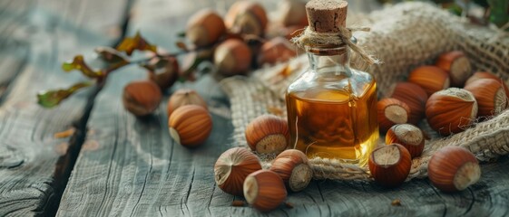 A small glass bottle of hazelnut oil stands on a wooden surface surrounded by whole and shelled hazelnuts, depicting a natural and rustic presentation.
