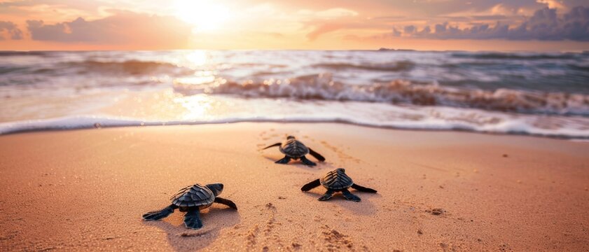 Three baby turtles make their way to the ocean, leaving tiny tracks on the golden sand under the warm glow of sunrise.
