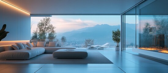 Fototapeta premium Modern Luxury Living Room with Panoramic Mountain View and Minimalist Interior Design