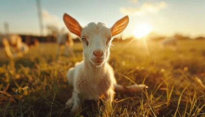 Obraz premium Goat yoga class in a sunny field, playful and relaxing, Rustic, Soft greens, Photograph, Unusual fitness